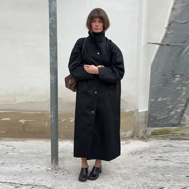 Damen Lange Jacken mit Stehkragen, Einreihige Oversize-Trenchcoats, Street-Style Damenmantel mit Langen Ärmeln, Einfarbig und Locker Geschnitten, Neue Oberbekleidung – Detail 38