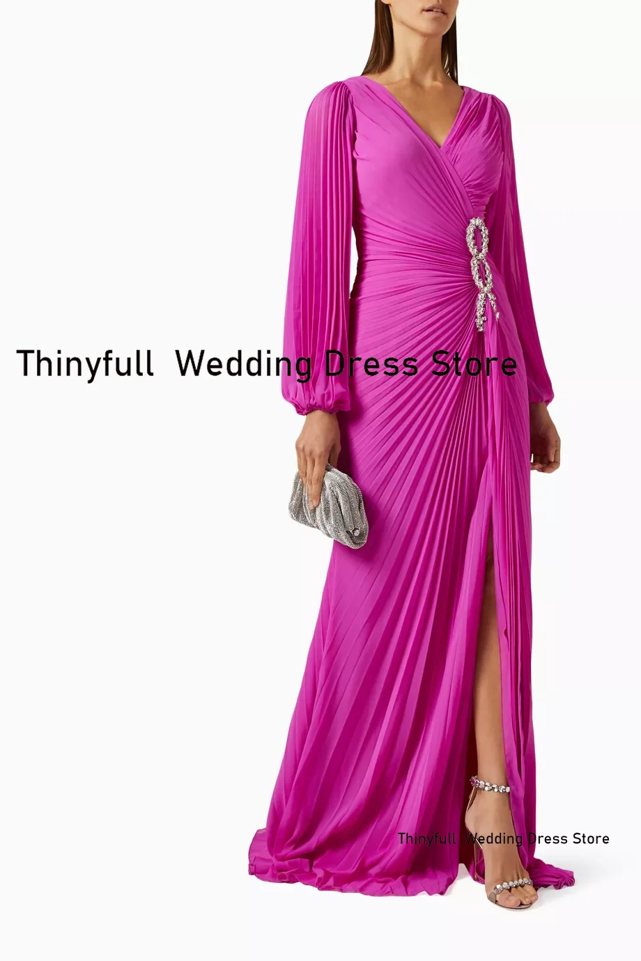 Thinyfull Chiffon Prom Dresses V-neck Long Sleeves Evening Party Gown Pleat Split Outfit Dubai 2024 Formal Occasion Dress