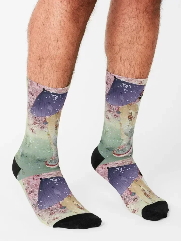 امرأة يابانية جميلة مع مظلة وأزهار الكرز الوردي الجوارب الجمالية الشتاء الهيب هوب مخصص الرياضة الفتاة الجوارب الرجال #3