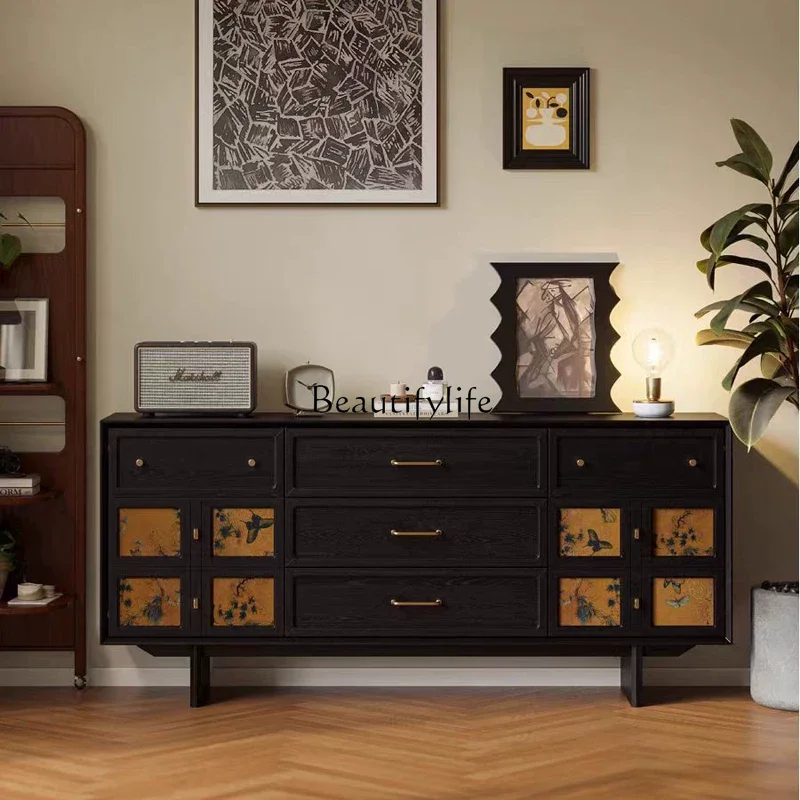 

French retro solid wood dining side cabinet nine buckets living room wall locker