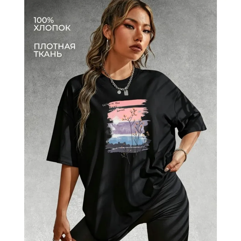 2026 Cotton Summer Women's T-shirts Print Art Pattern Color Unique Short Sleeved Study Cheap Tops For Women 
