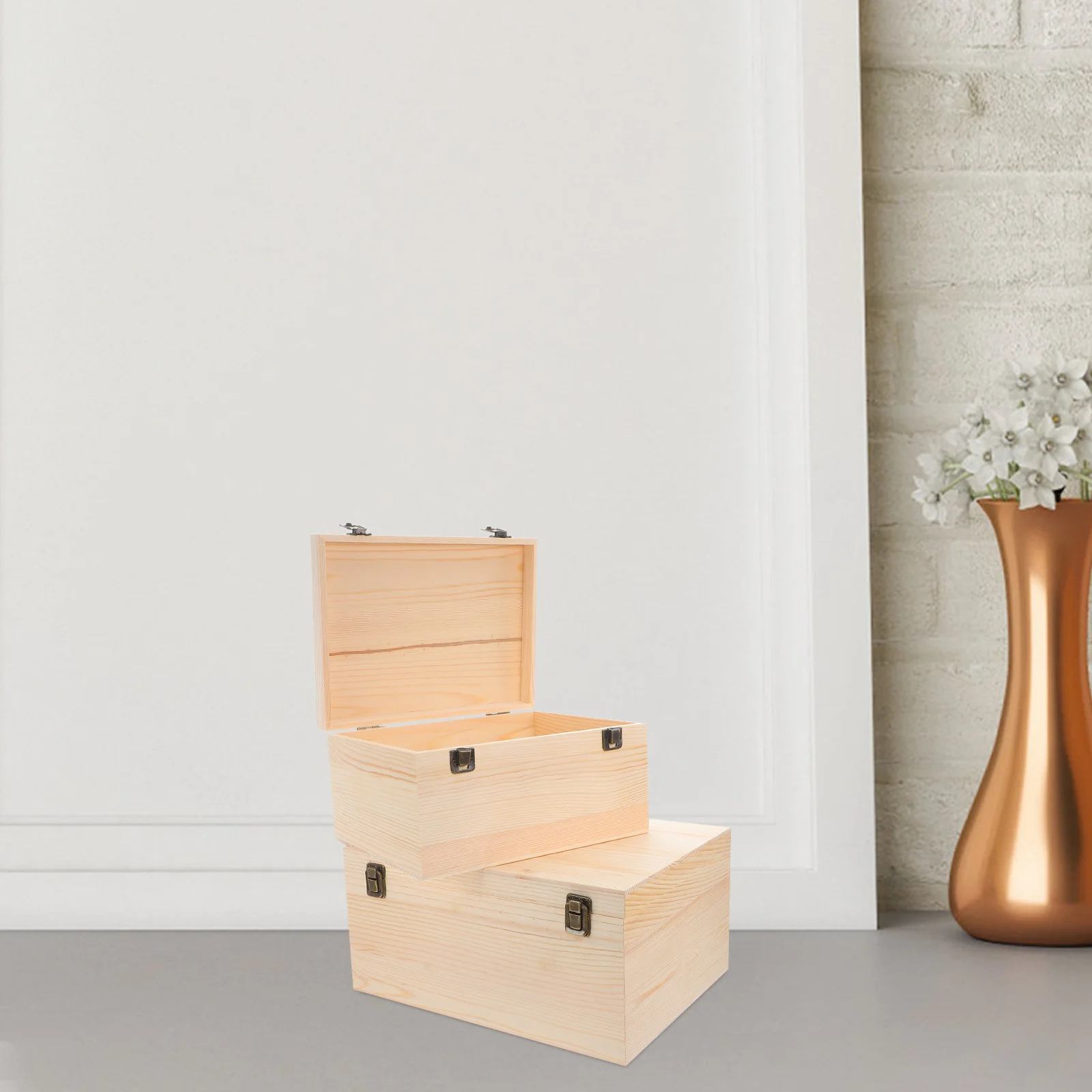 

2Pcs Unfinished Wooden Box Large Pine DIY Craft Storage Hinged Lid Jewelry Keeper Rustic Home Office Decor Blank Treasure Chest