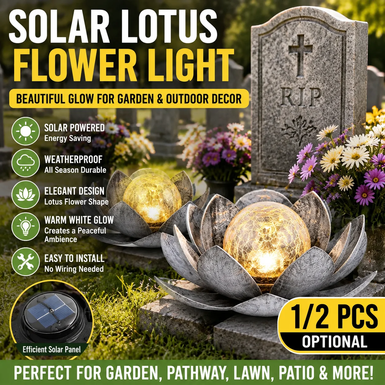 Solar Outdoor Simulation Lotus Flower Light Iron Glass Cracked Ball Decorative Landscape Lamp 1/2Pcs New Design