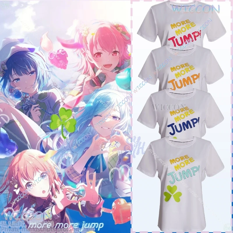 ¡MÁS MÁS SALTO! Momoi Airi Hanasato Minori Kiritani Haruka Hinomori Shizuku ventilador soporte camiseta Cosplay Anime juego proyecto Sekai