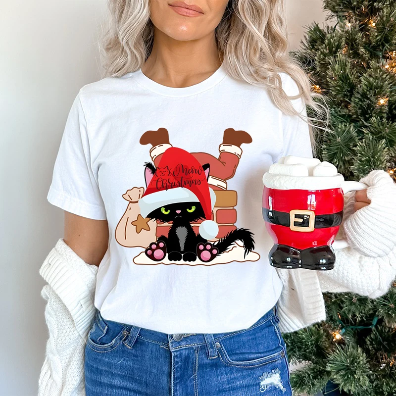 

Woman T-shirts Funny Santa Cat Print Women Christmas Tees Cartoon Cute Cat Lover Classic Tops Cat Owner Christmas Gift T-shirt
