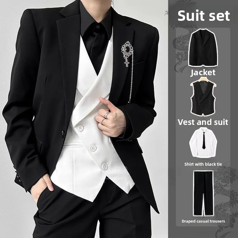 

Bla Suit Set Men's Slim Fit Spring Autumn High Sensation Ceremony Jaet Vest Neutral Sle Double Breasted No Brand
