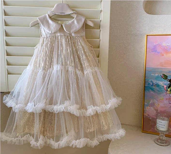 New Baby Summer Girls Boutique Sequined Mesh Back Bow Dress, Princess Kids Sweet Party Flower Dress  4-8 T