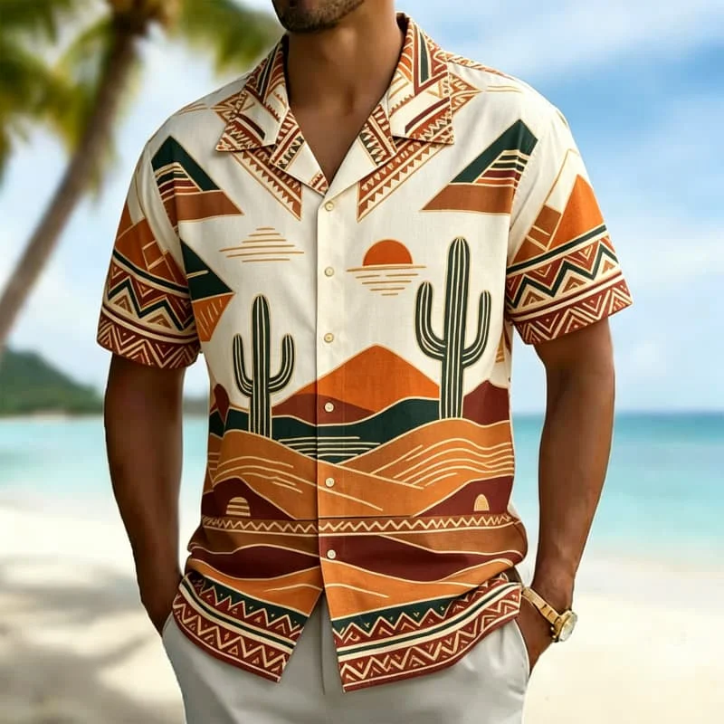 Men's Tribal Nature Print Vacation Shirt，for Mountain Trips, Hiking, Casual Hikes and Laid-Back Outdoor Activities