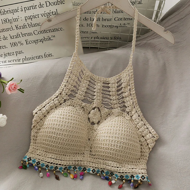 น่าเบื่อน้ำผึ้ง Retro Macrame จี้ Halter Hollow Out หลวมและสบายแขนยาว Sun-ป้องกัน All-Match กางเกงขาสั้น