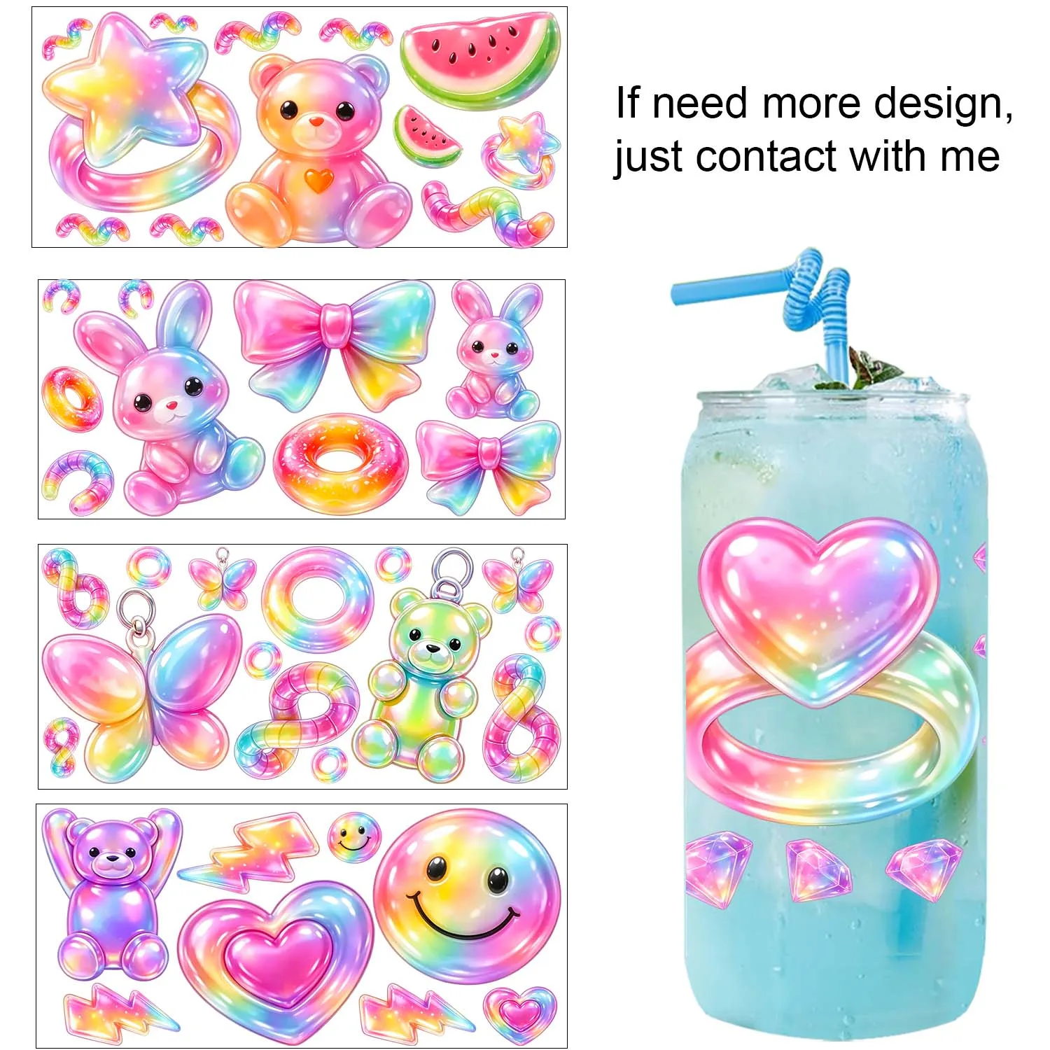 Cute Candy gummies series easy peel waterproof Party DIY Decals 3D transfers uvdtf tumbler seal stickers 16oz uv dtf cup wraps