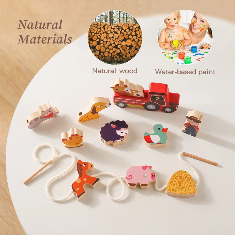 Baby Animal Threading Toys Wooden Farm Theme Stacking Block Toys Wood Educational Toy Button Beaded Blocks Puzzle Toy Baby Gifts