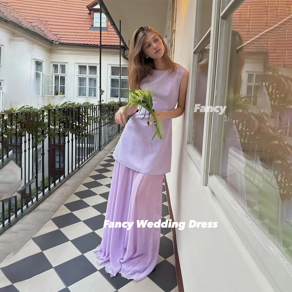 Fancy Simple 2pcs Evening Dress A Line Soft Satin Prom Gown Purple Sleeveless Formal Occasion Dresses Customized
