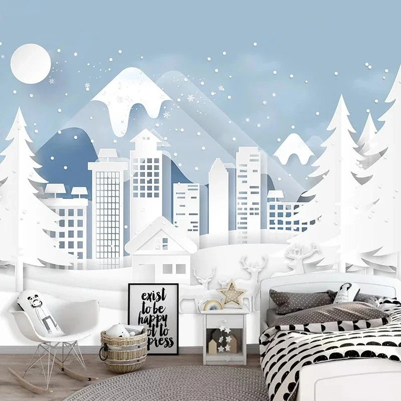 Modern Custom Wall Mural 3D Hand Painted Cartoon Wallpaper For Children Room Elk Forest House Snow Mountain Decoration Photo