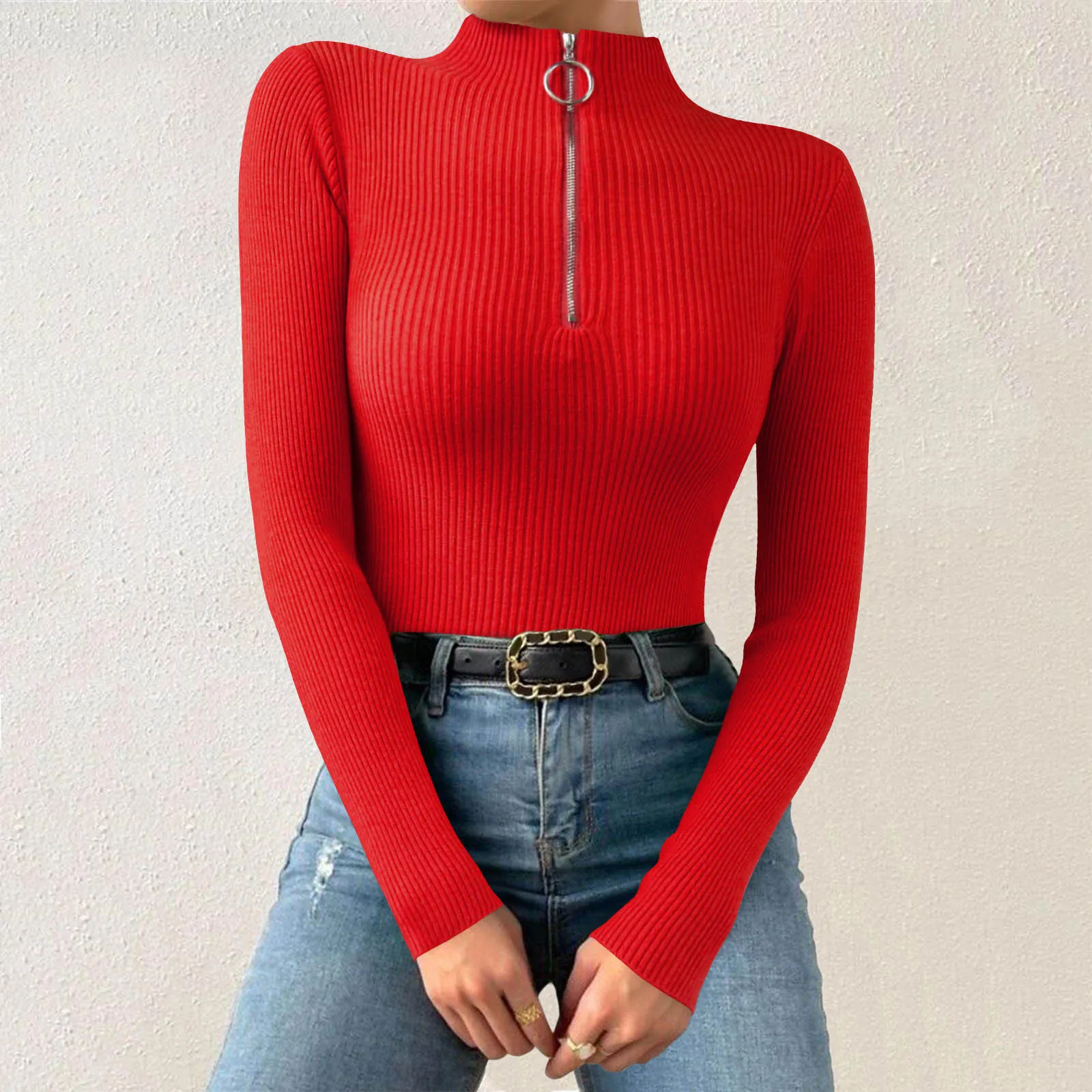 2023 Knitted Women Zipper High Neck Sweater Pullovers Turtleneck Autumn Winter Basic Women Sweaters Slim Fit Black Pull Femme