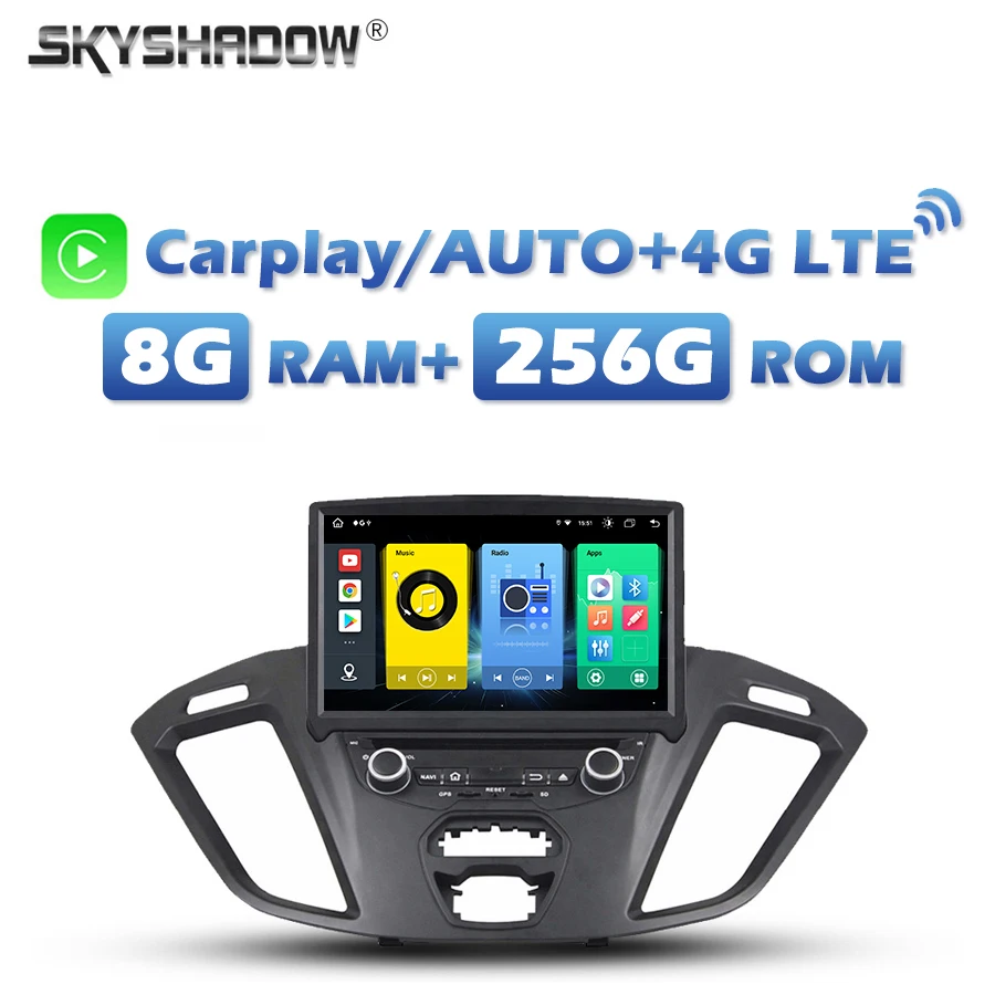 4G SIM 720P Carplay Auto Android 13.0 8G+256G Car DVD Player GPS Map RDS Radio Wifi Bluetooth For Ford Transit Custom 2013 -2018