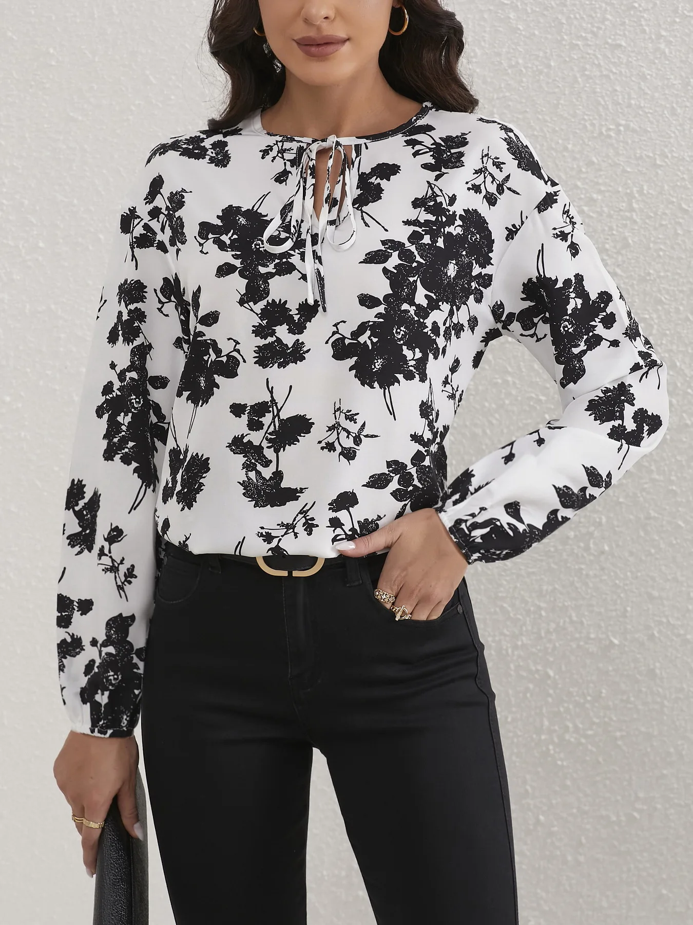 Ladies Floral Print Tie Neck Blouse Elegant Long Sleeve Blouse Women Tops Shirts