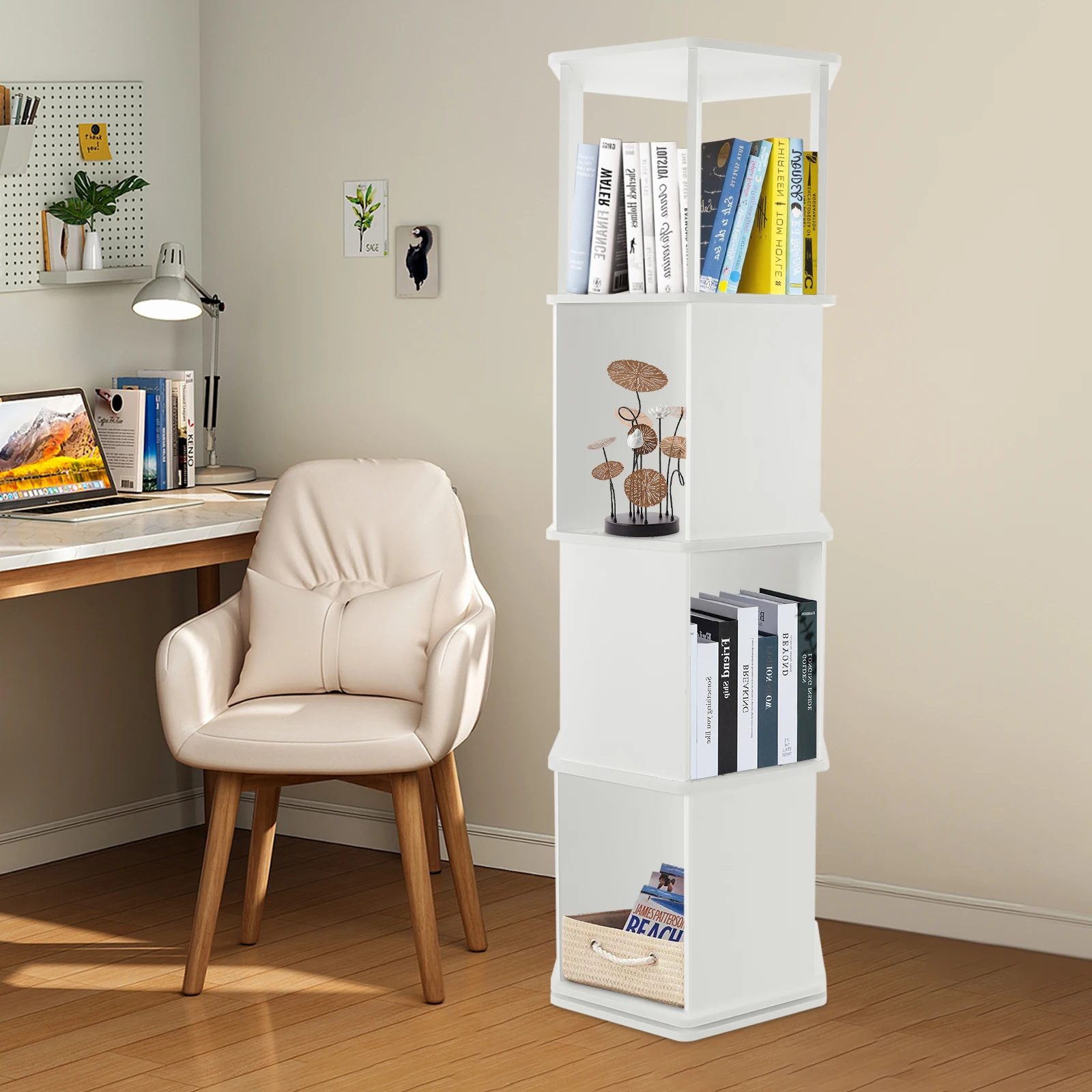 

4 Tier Rotating Bookshelf, 360° Rotating Floor Display Rack 80kg Load Open Bookshelf Stainless Steel Rotating Chassis for Bedrooms, Study Areas, Living Rooms