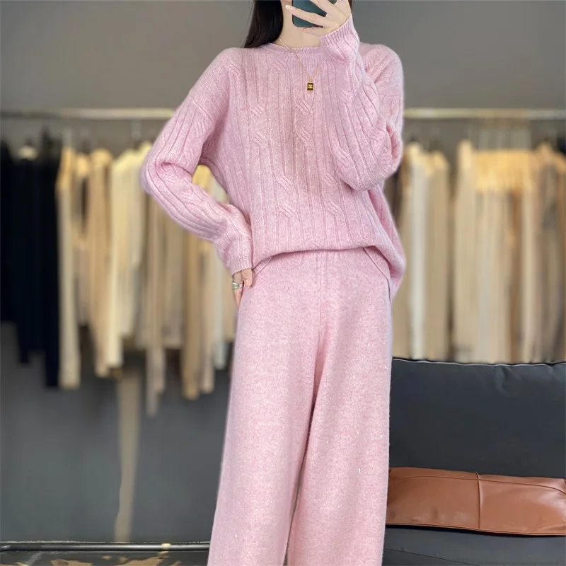 100% Wool Suit New Autumn And Winter Style Round Neck Loose And Fashionable Casual Sweater Knitted Wide-Leg Pants Two-Piece Set