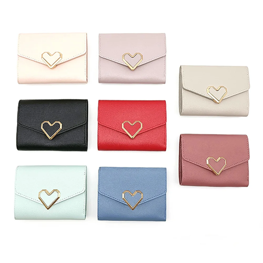 Fashion Short Wallet Women's Love Heart Small Trifold Wallet Female Simple Coin Purse Korean Students Lovely Purse Clutch Bag