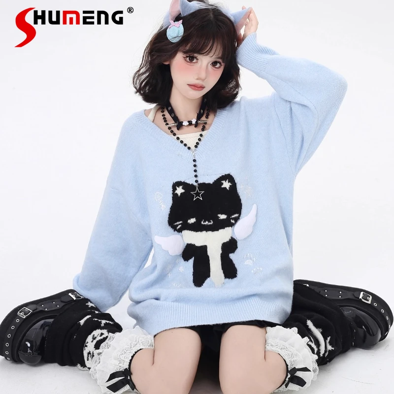 

Милый крутой милый свободный повседневный вязаный свитер с v-образным вырезом и рисунком кота для женщин, мягкий удобный трикотаж с длинными рукавами, осень-зима