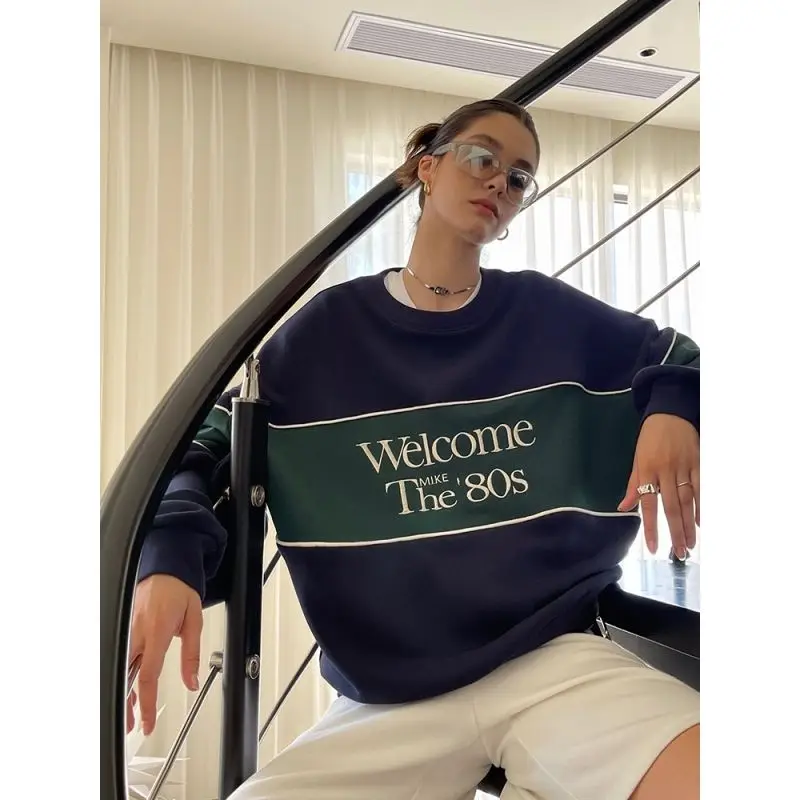 Deeptown Vintage Sweatshirts Women American 90s Retro Preppy Style Pullovers Oversized Aesthetic Casual Female Korean Streetwear