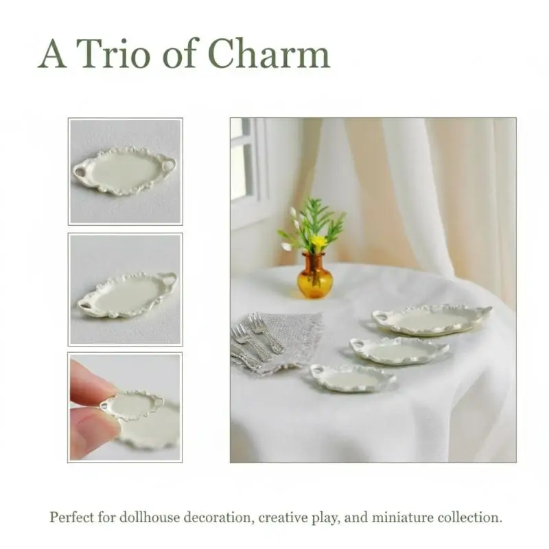 3Pcs Simulation Dollhouse Double Ear Plate Mini Dessert Elliptical Plate Miniature Kitchen Dishes Toys For Doll House Decor