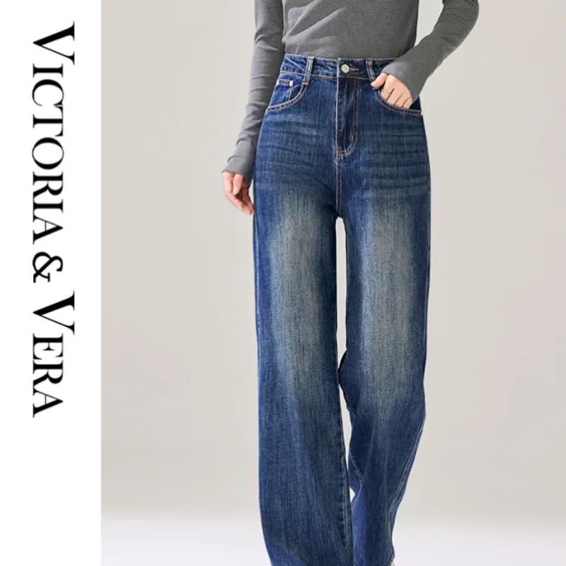 Women's High Waist Wide Leg Jeans Classic Blue Washed Denim Loose Straight Baggy Long Denim Pants