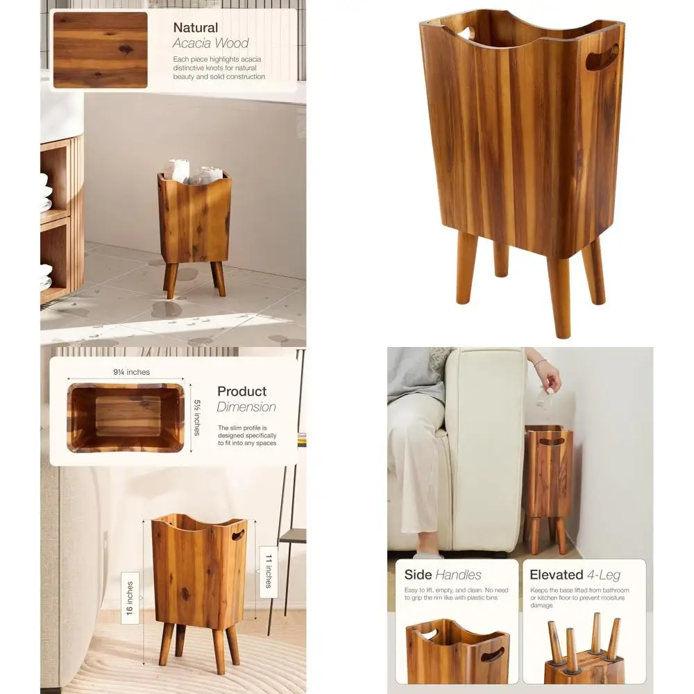 

Acacia Wood 4-Legged Trash Bin - Small Decorative Wastebasket for Home & Office