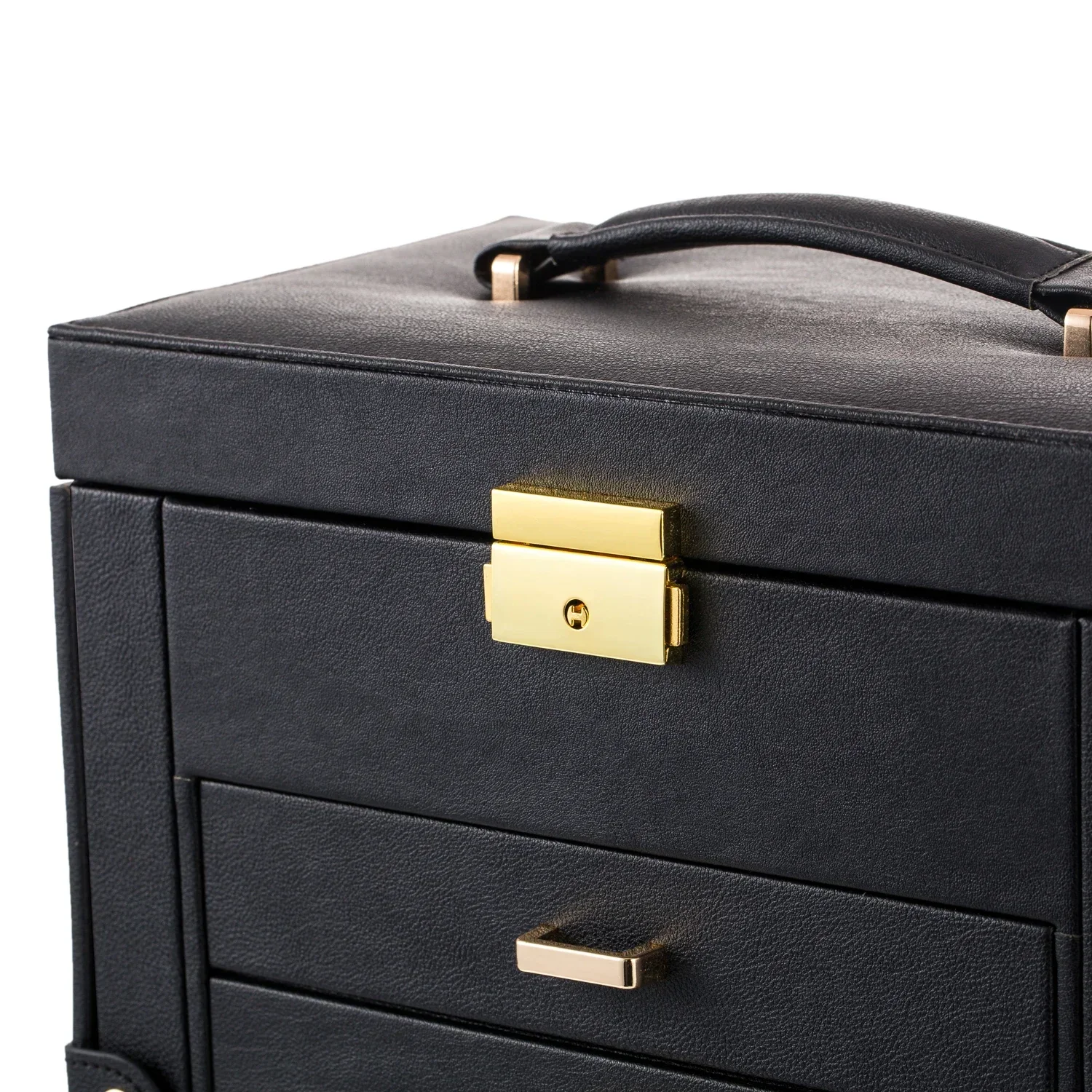 صندوق مجوهرات ضخم من الجلد الصناعي، منظم للساعة بمرآة، قلادة وخاتم وحلق، حقيبة هدايا قابلة للقفل باللون الأسود #5