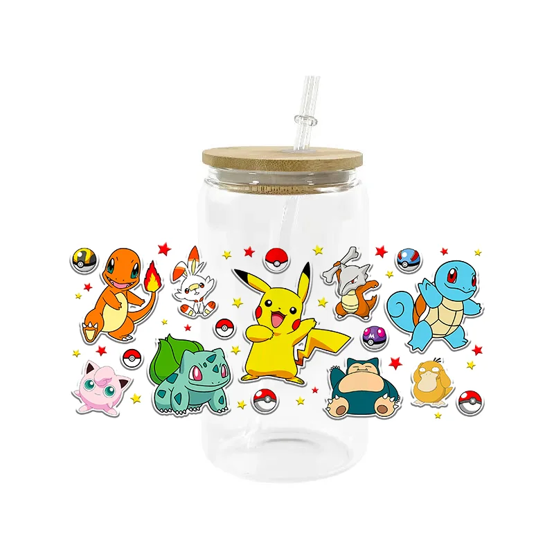 Miniso Pokemon Pikachu Printed 3D UV DTF Transfers Japanese animation Stickers 16oz Cup Wrap For DIY Glass Transfer Decals