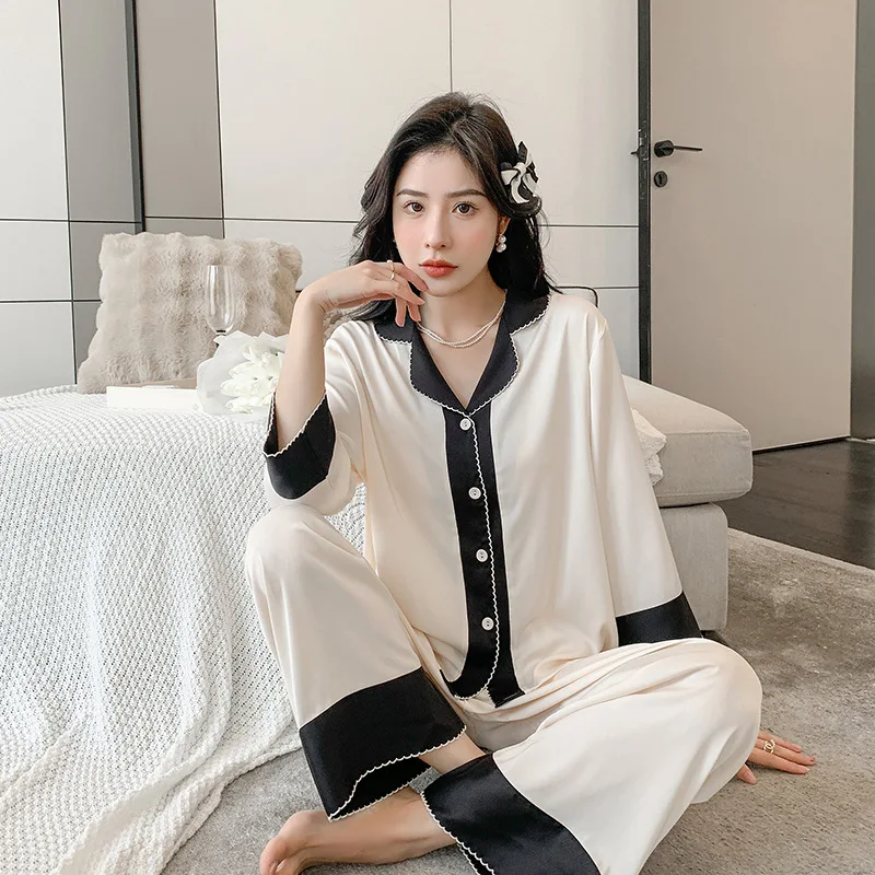 

New pajamas women's summer long-sleeved spring suit cardigan high-end sense large size can be worn outside thin imitation silk