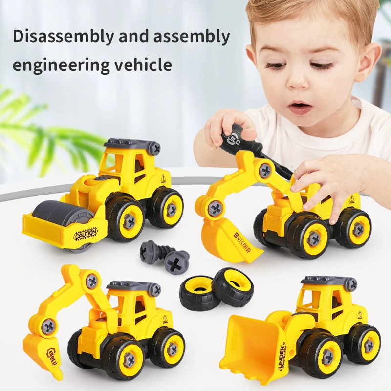 4PCS Engineering Vehicle Toys for Kids DIY Screw Construction Excavator Tractor Bulldozer Models Car Boys Toys for Children Gift