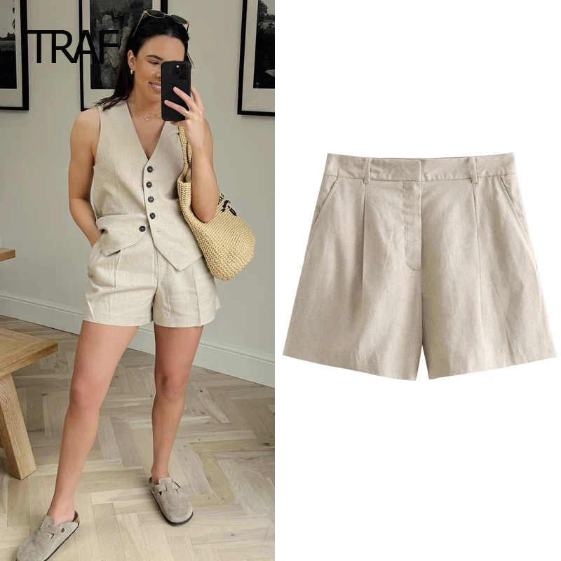 TRAF Women's Summer Shorts 2024 Linen Blended Short Tailoring Women High Waist Short Korean Style Shorts Women's Sports Shorts