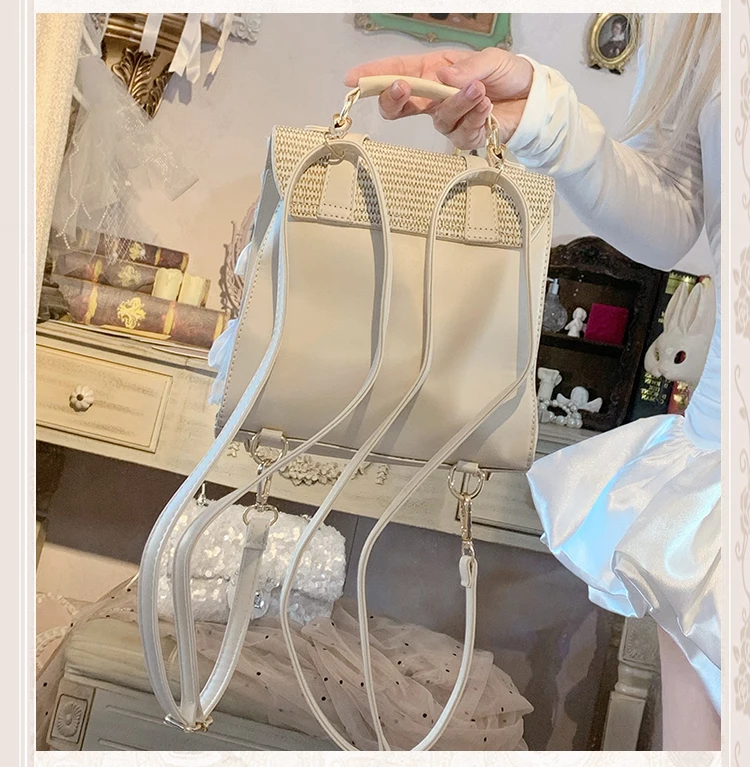 2025 Original Lolita Two-tone Bow Pearl Ribbon Cute Straw Bag Sweet Pastoral Shoulder Tote Bag Daily Backpack