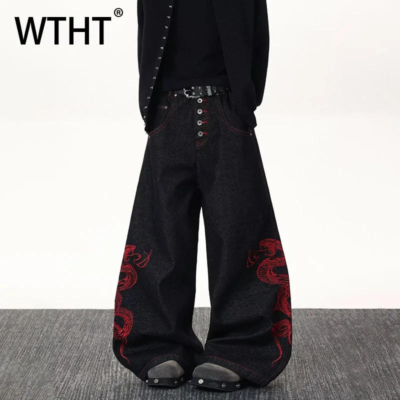 

WTHT Fashion Men's Embroidery Contrast Color Design Denim Pants Trendy 2025 Autumn High-waisted Loose Jeans Male 2A2244