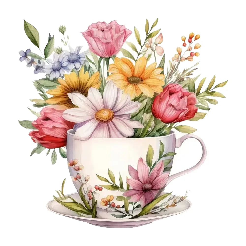15cm Watercolor Flower Tea Cup Waterproof Car Decorative Decal, Suitable for Cars, Laptops, Bumpers, Glass Window Sticker