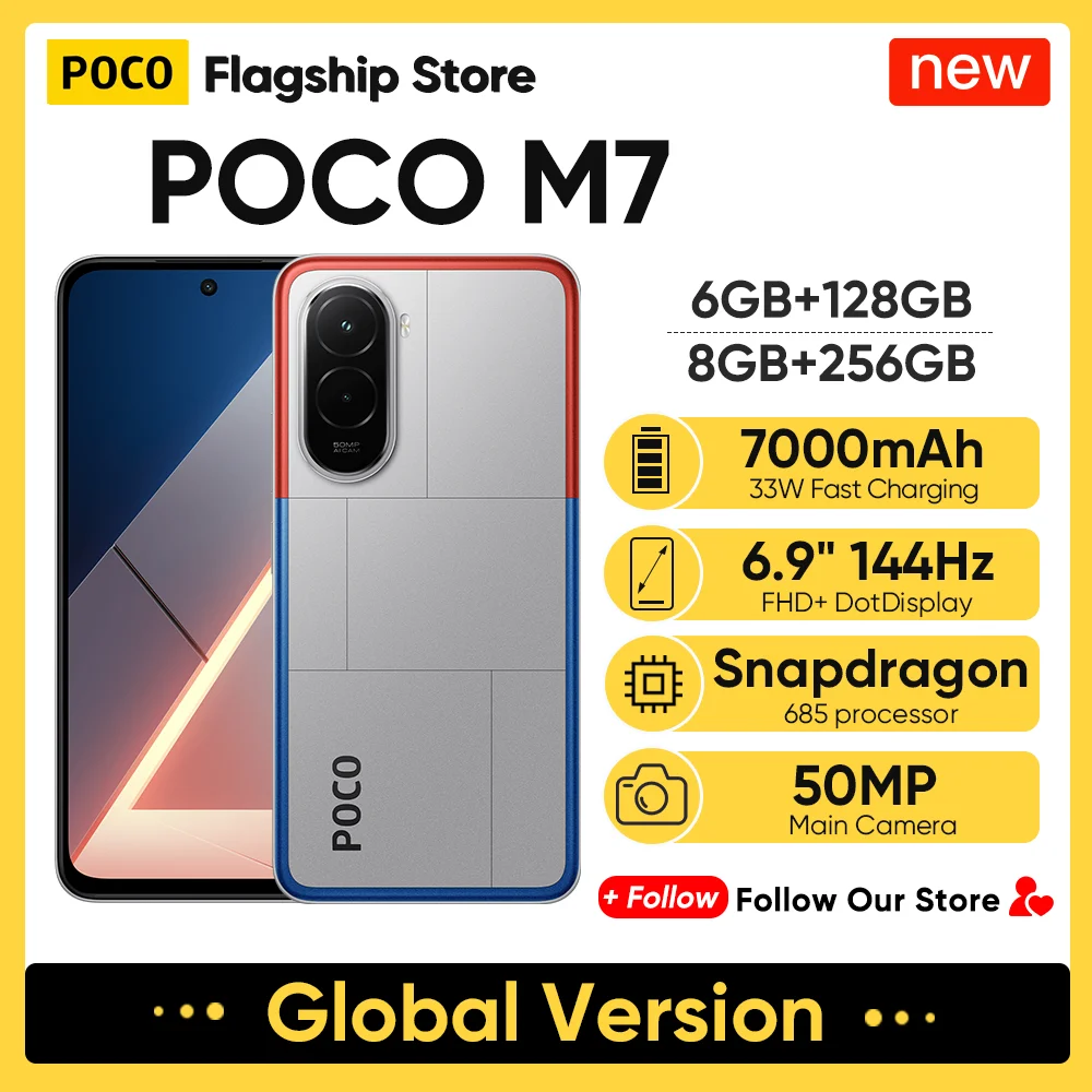 Global Version POCO M7 Original Smartphone Snapdragon 685 6.9'' 144Hz FHD+ DotDisplay 50MP 7000mAh Battery 33W Fast Charging NFC