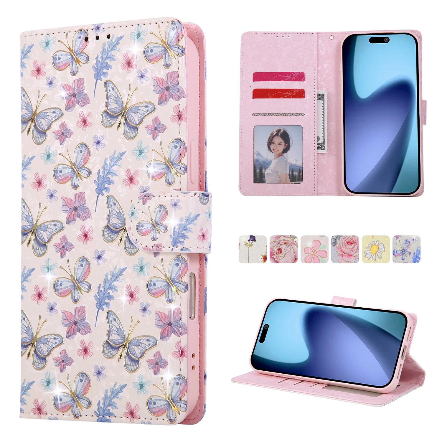 Dompet Kulit Motif Bunga Anti Maling Magnetik Mewah Untuk iPhone 17 Pro Max 16 Plus 15 Plus 14 13 Penutup Lucu