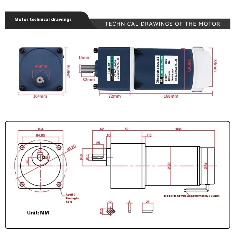 300 W DC-Getriebemotor, 12 V, hohes Drehmoment, 100 U/min, Mini-Motor mit langsamer Geschwindigkeit, einstellbar – Detail 1