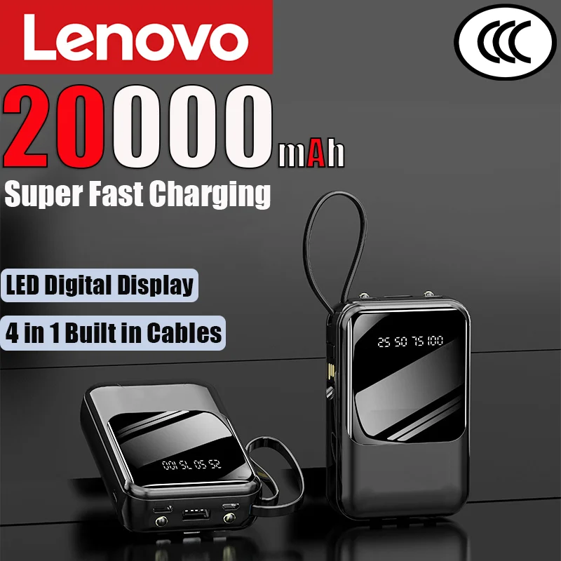 Lenovo Mini 20000mAh Powerbank 20W Super Fast Charging 4 in 1 Built in Cables Power Bank for iPhone Samsung Huawei New
