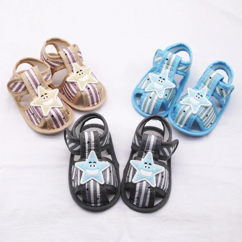 Summer Baby Boys Hollow Sandals Cartoon Star Pattern Striped Print Cotton Infant Toddler Soft Sole Shoes First Walker 0-24Months