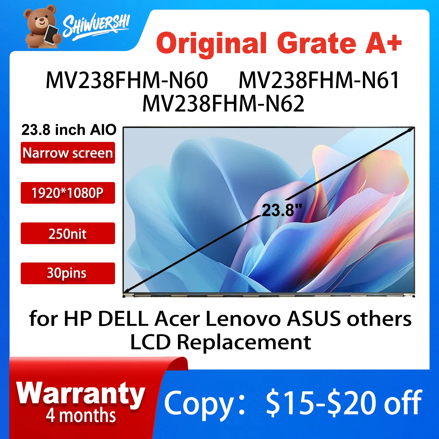 

23,8-дюймовый новый оригинальный ЖК-экран MV238FHM N60 MV238FHM N61 MV238FHM N62 mv238fhm n60 mv238fhm n61 mv238fhm n62