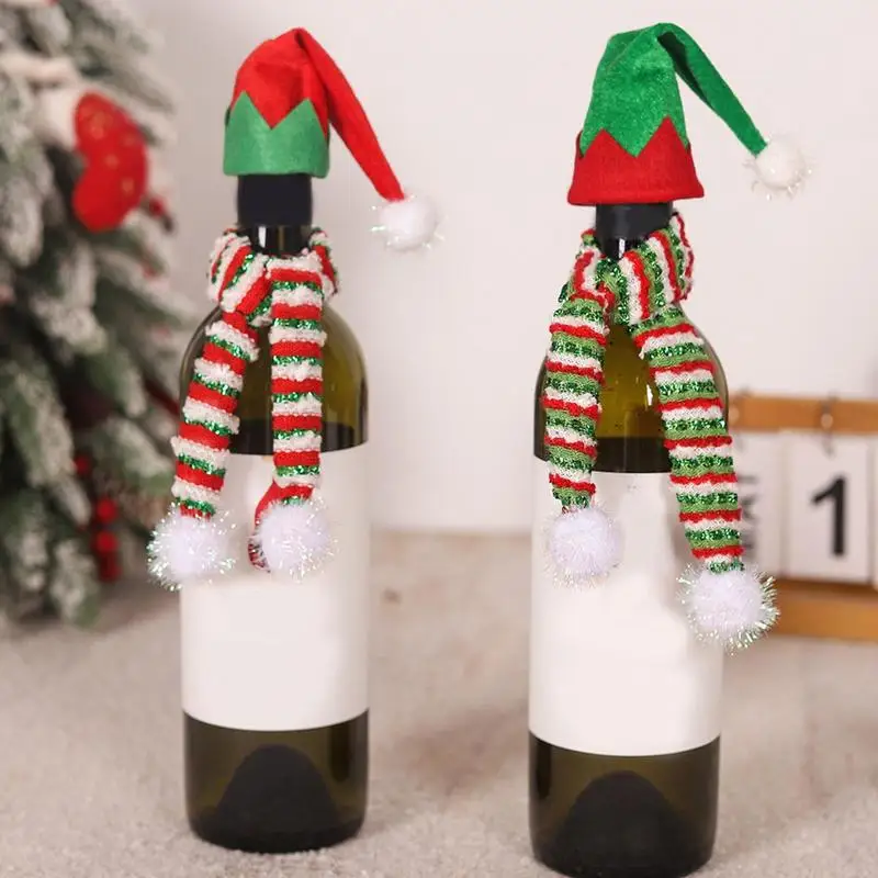 

Christmas Wine Bottle Cover Small Bottles cups cute Decoration Santa Hat and Scarf for Home Hotel Bar Restaurant Decoration