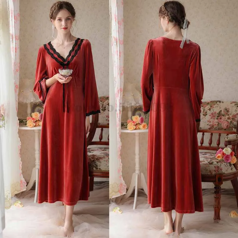 

French Court Style Long Sleeved Nightdress Women's Velvet Autumn Winter Loose Fitting Warm Home Wear Sexy V-Neck Lace Nightgown