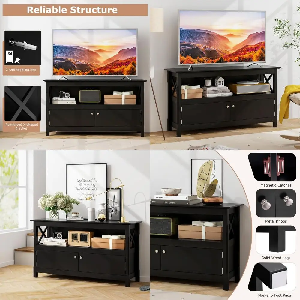 

Черная 50-дюймовая подставка для телевизора с 2-дверным шкафом, полками для хранения вещей, кабелями, идеально подходящая для медиа-зала или спальни.