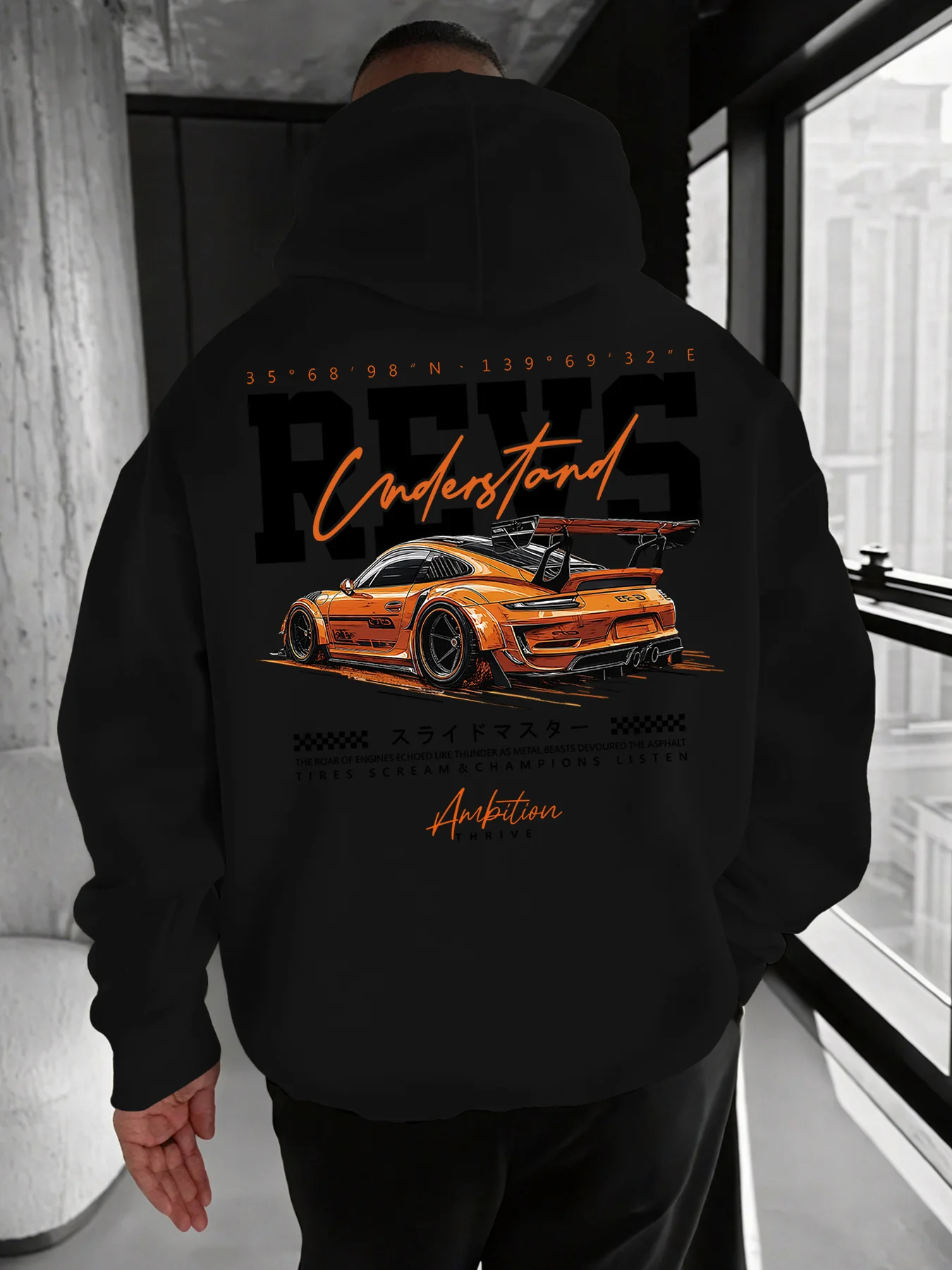 A men's black hooded sweater with a back print featuring a white JDM car pattern and a pink cherry blossom pattern