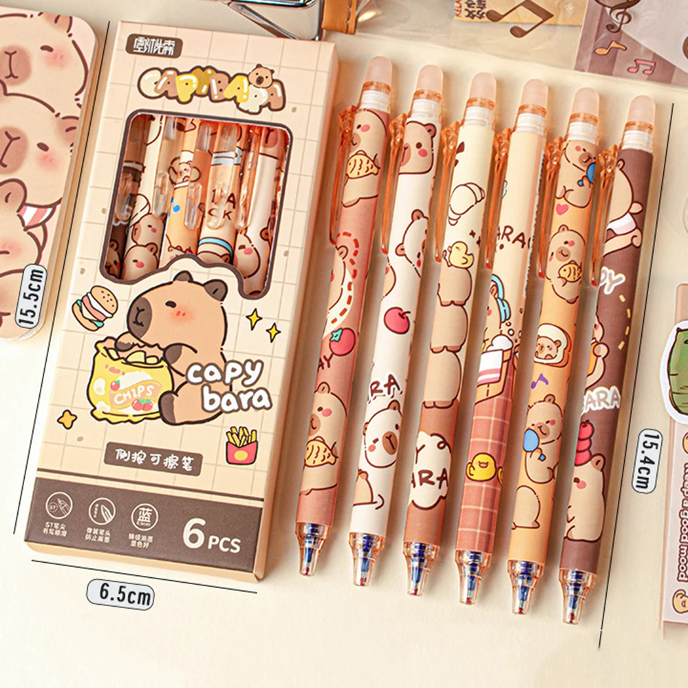 Ellen Brook 1 Set/6Piece Cute Erasable Pen Capybara Gel Pen Press Office Gift School Supplies Stationery Kawaii Funny Pen