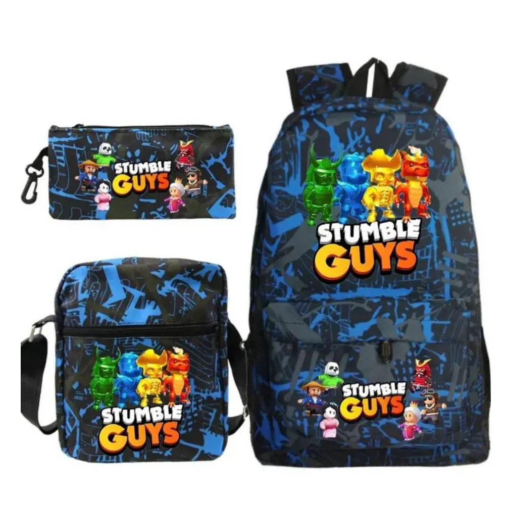 Mochila de lona Stumble Guys para estudantes, bolsa escolar para meninos e meninas, bolsa de viagem para adolescentes, zíper portátil, 3pcs