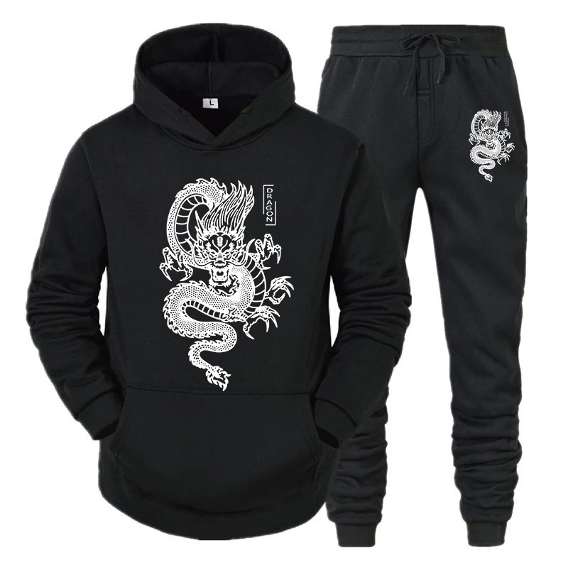 

Men Tracksuit Set Hoodie+Pant 2024 Spring Winter Dragon Print Casual Fleece Sweatshirt Sportwear Homme Streetwear Men Clothing