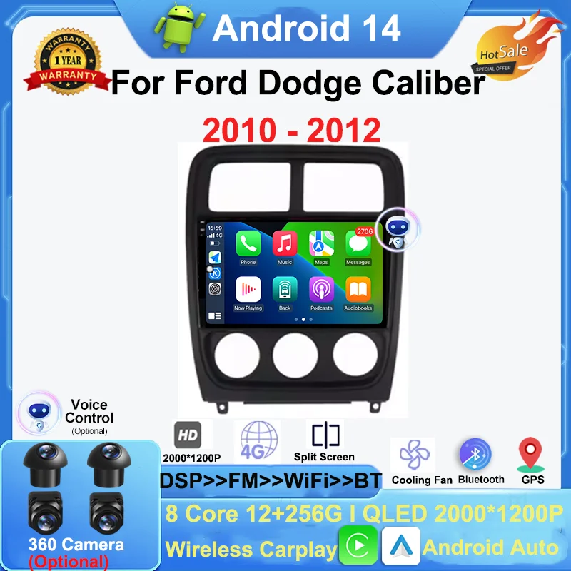 

9-дюймовый автомобильный радиоприемник Android 14 CarPlay для Dodge Caliber 2010 2011 2012 Мультимедийная навигация GPS Стерео Авто видео головное устройство